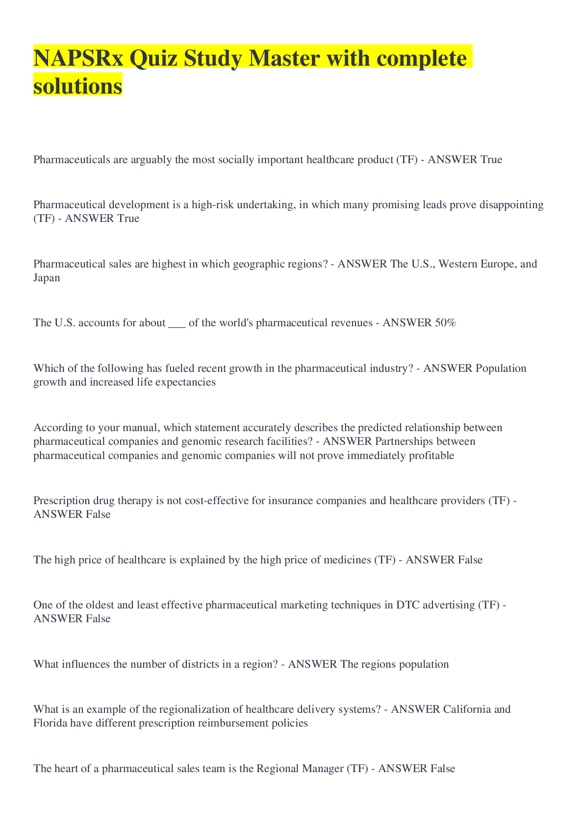 Preview image of NAPSRx Quiz Study Master with complete solutions document